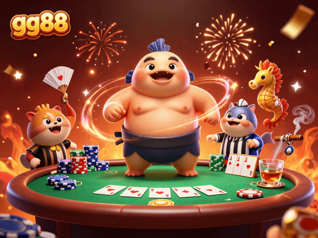 Watch the exciting gg88 poker match unfold with lively characters and festive elements!