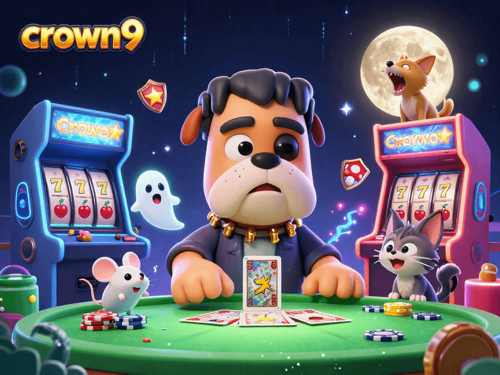 Crown9's lively casino scene showcases a Frankenstein bulldog dealing cards, capturing the excitement of online gaming and pokies.