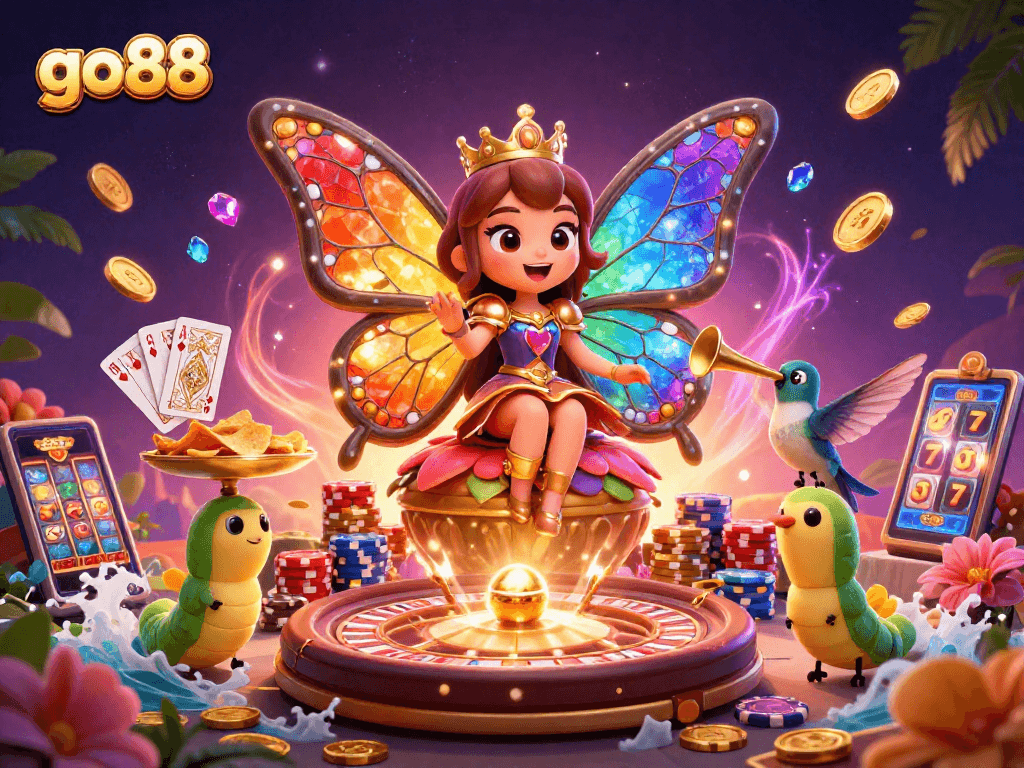 Experience thrilling gameplay at go88 with a vibrant 3D scene of a casino butterfly queen amidst golden coins and poker chips.
