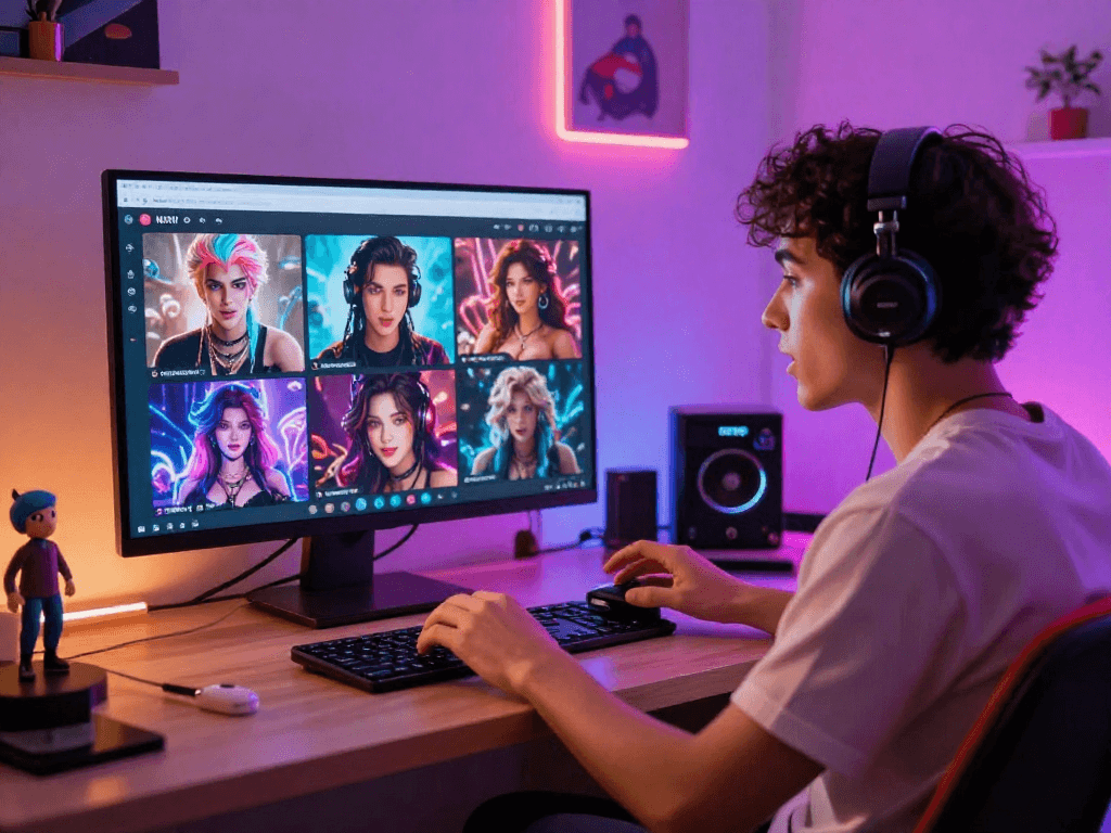 Engaging scene featuring a user in an intimate virtual chat with AI chat porn, showcasing vibrant interface with customizable characters and artful images.