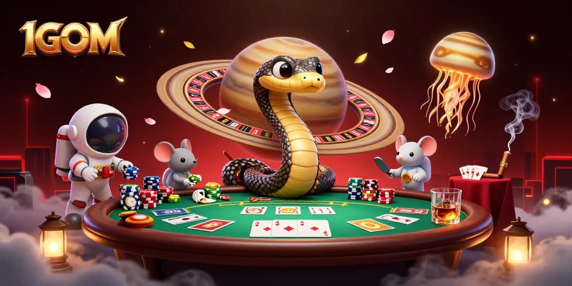 Experience winning strategies with 1GOM in a vibrant casino scene featuring dynamic characters.
