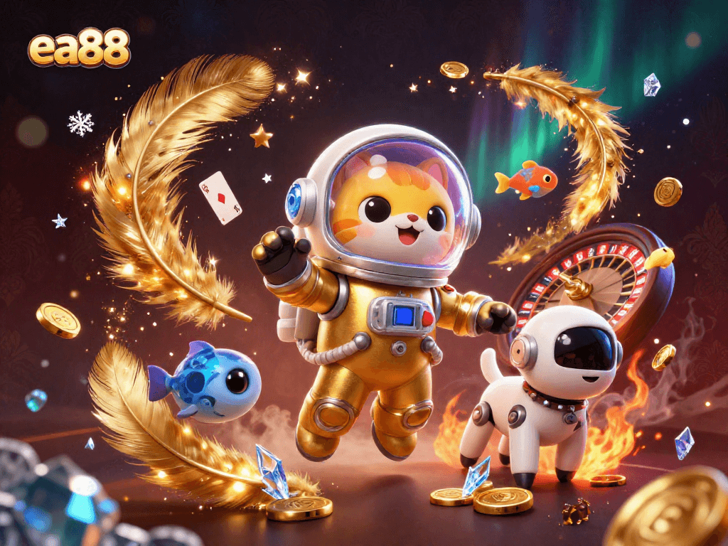 Experience thrilling bets with ea88 in a vibrant 3D scene featuring an astronaut cat and a robot dog.
