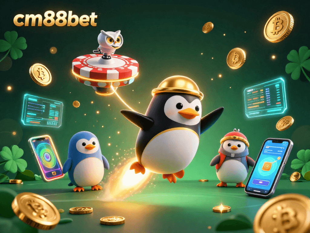 Experience exhilarating gaming at cm88bet with a thrilling casino space adventure featuring a penguin and gold coins.