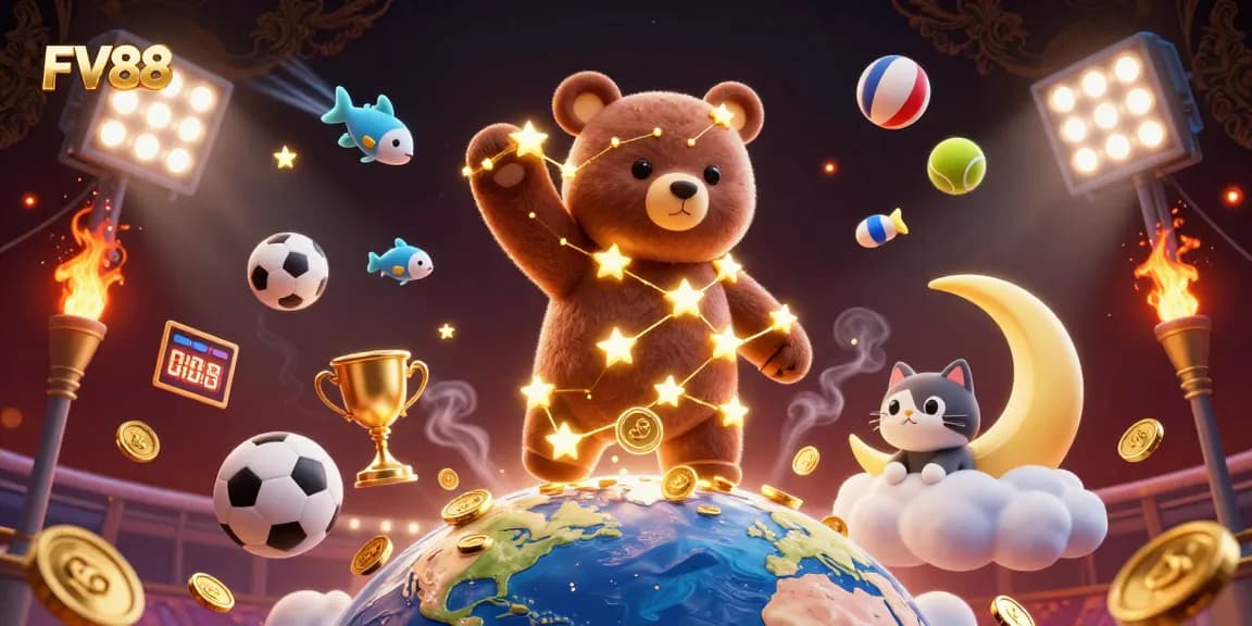 Experience the thrill of FV88's casino world with vibrant characters, sports elements, and golden details.