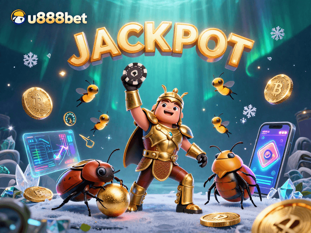 Win big with u888bet amidst a vibrant 3D casino scene featuring action-packed characters and exciting elements.