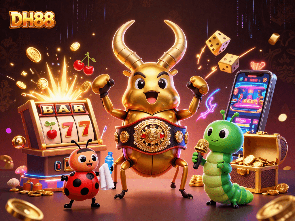 Engage with DH88's vibrant jackpot slots, featuring dynamic characters and glowing casino elements.