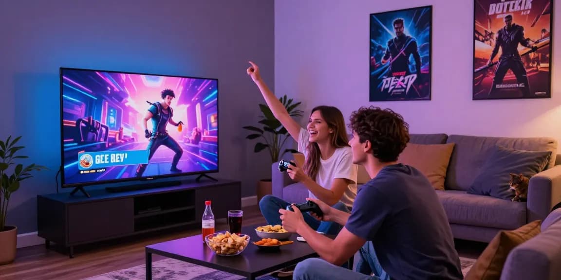 Friends playing free sex games together in a cozy living room, snacks on the table.