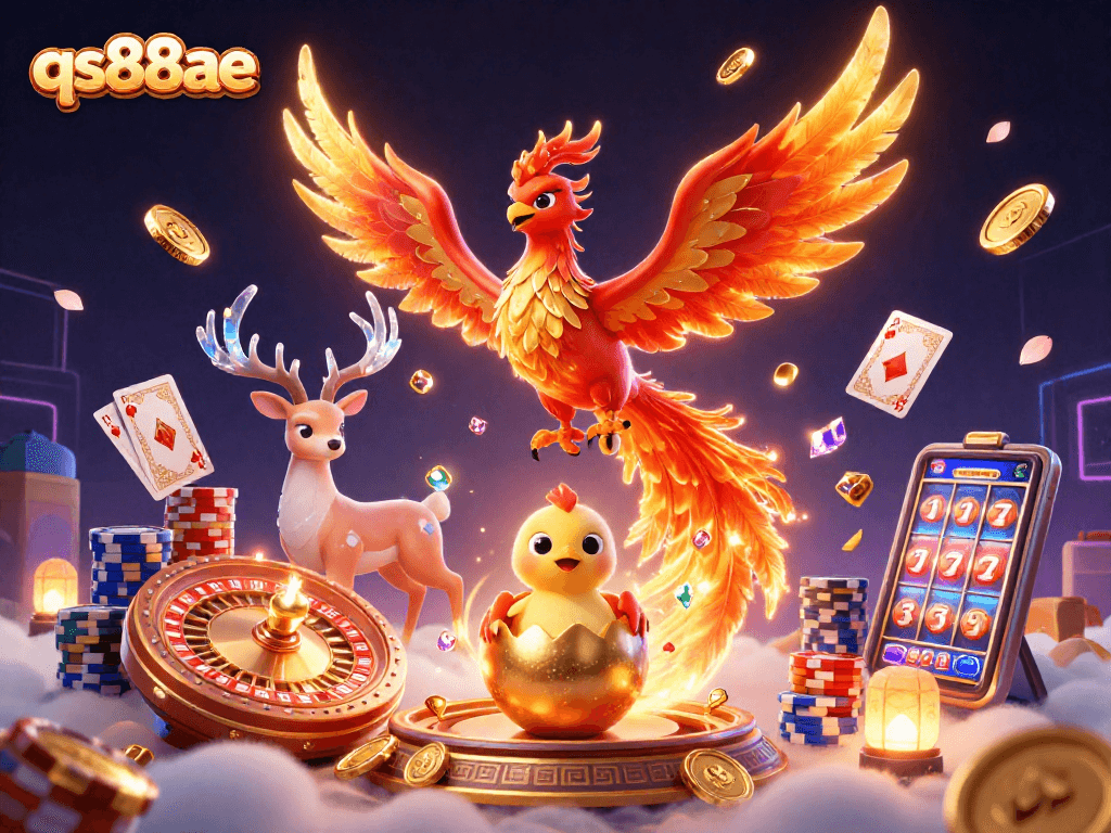 Experience winning thrills with qs88ae's 3D phoenix soaring among gold coins and gaming excitement.