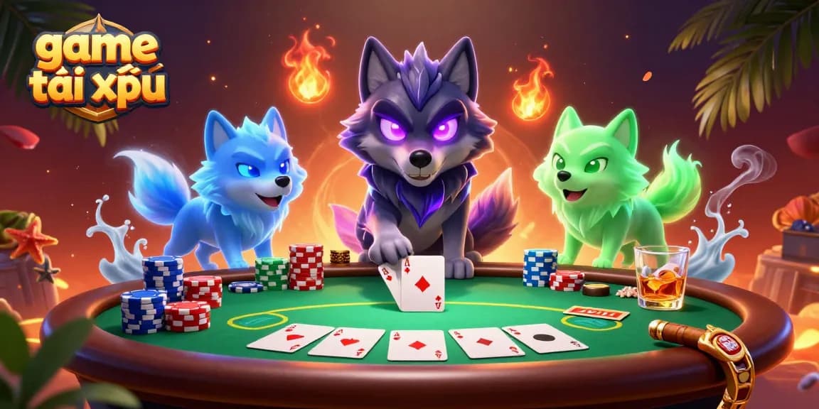 Play game tài xỉu with a vibrant 3D scene featuring ghostly wolf companions and dynamic poker elements.