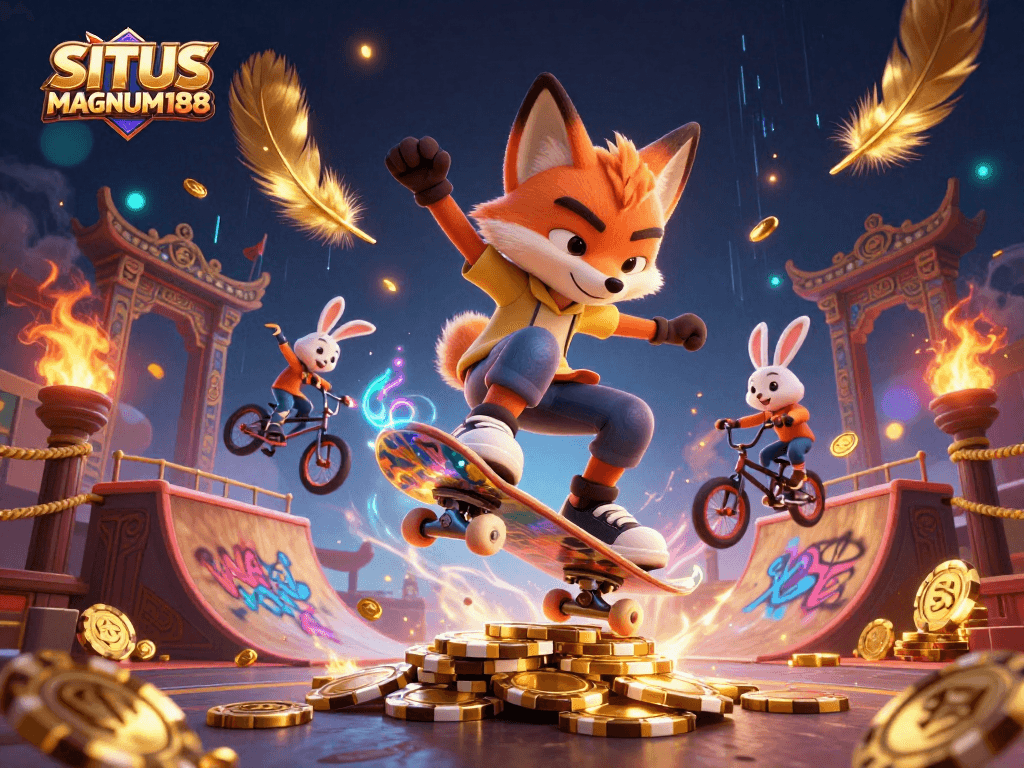 SITUS MAGNUM188 showcases thrilling gameplay with a skateboarding fox and BMX rabbit amidst vibrant casino graphics.