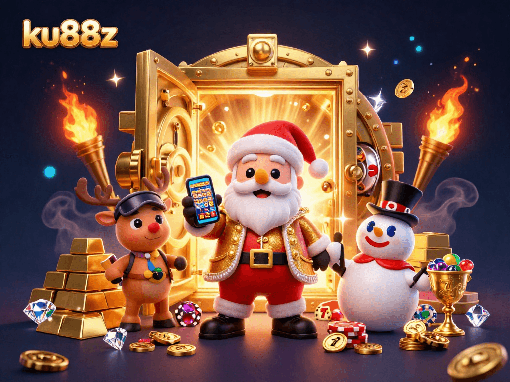 Spin slots and win at ku88z with Santa and friends in a vibrant casino scene.