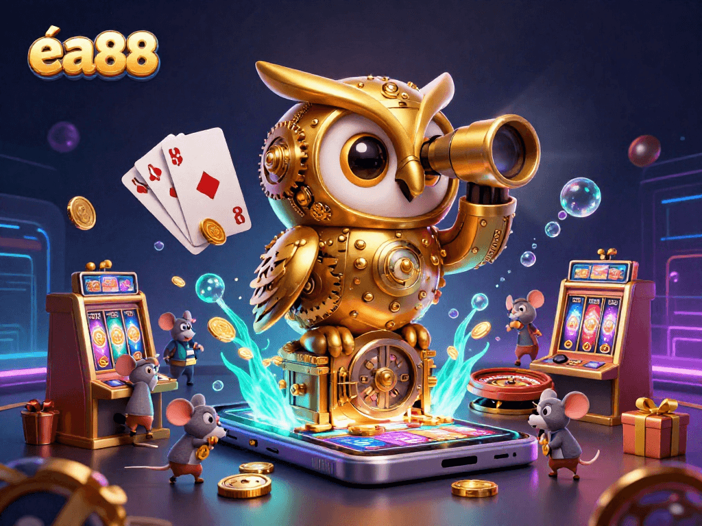 ea88 interactive slots with a golden owl overseeing vibrant casino activities and dynamic winnings.