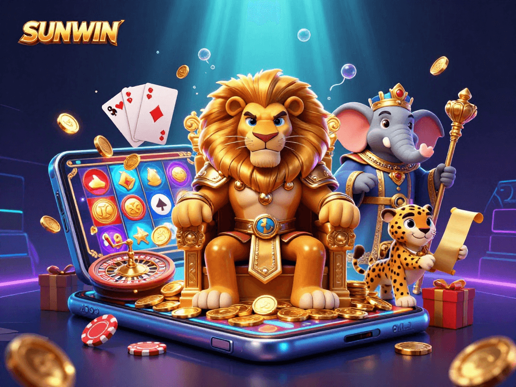 SUNWIN showcases an adventurous scene with icons of gaming riches including a lion king on a throne of coins.