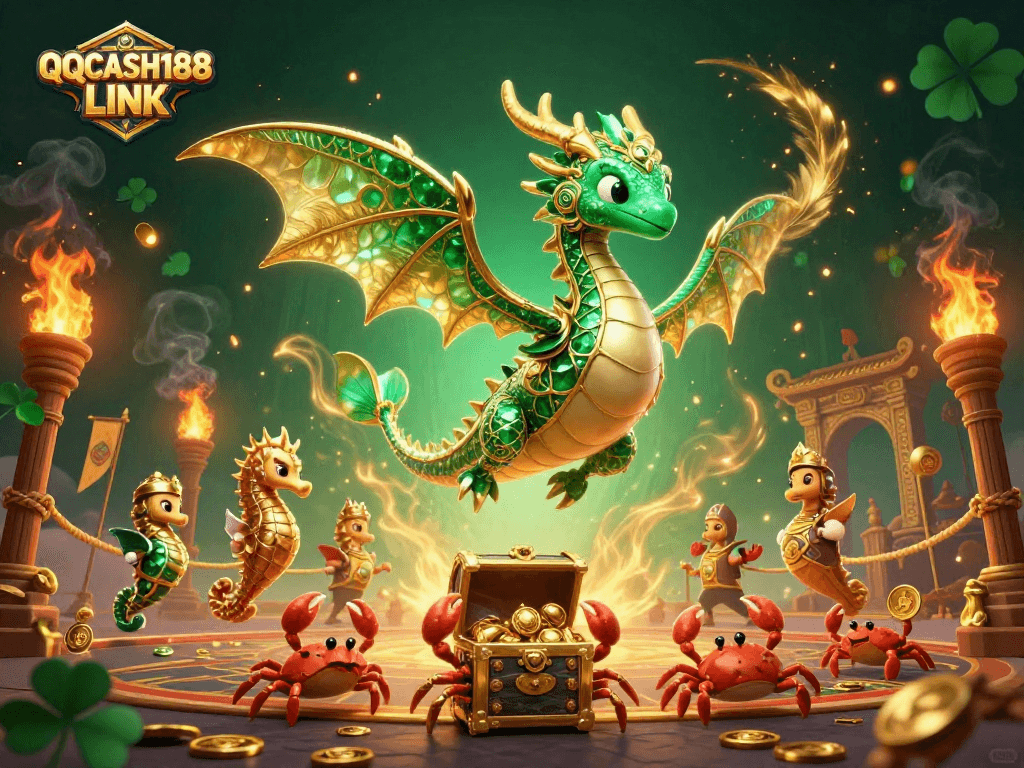 Experience the excitement of QQCASH188 LINK with a vibrant 3D casino scene featuring unique characters and gold treasures.