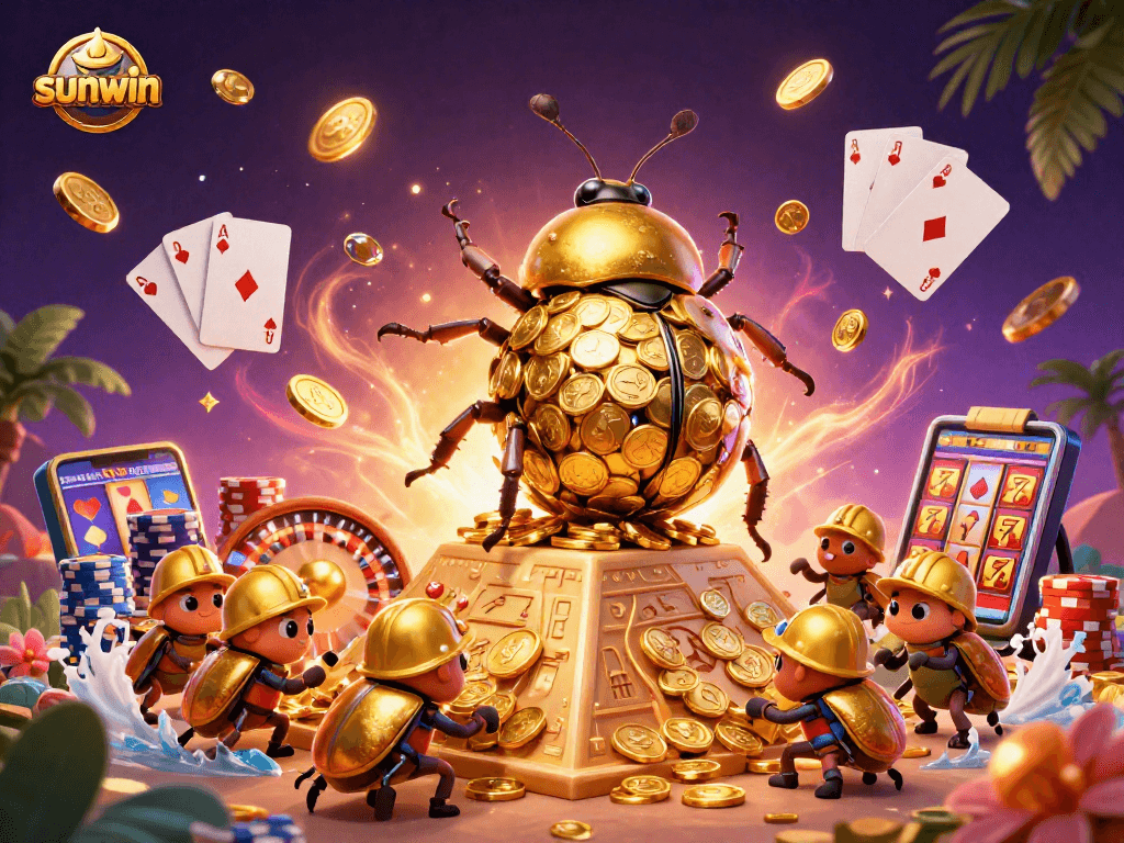 Win big with sunwin’s exciting 3D casino illustration showcasing vibrant games and golden coins.