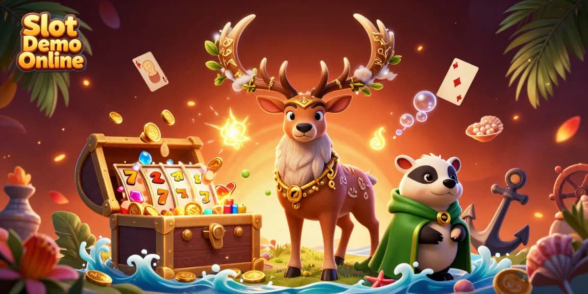 Engage with Slot Demo Online featuring a druid stag, immersed in vibrant casino elements and treasure.