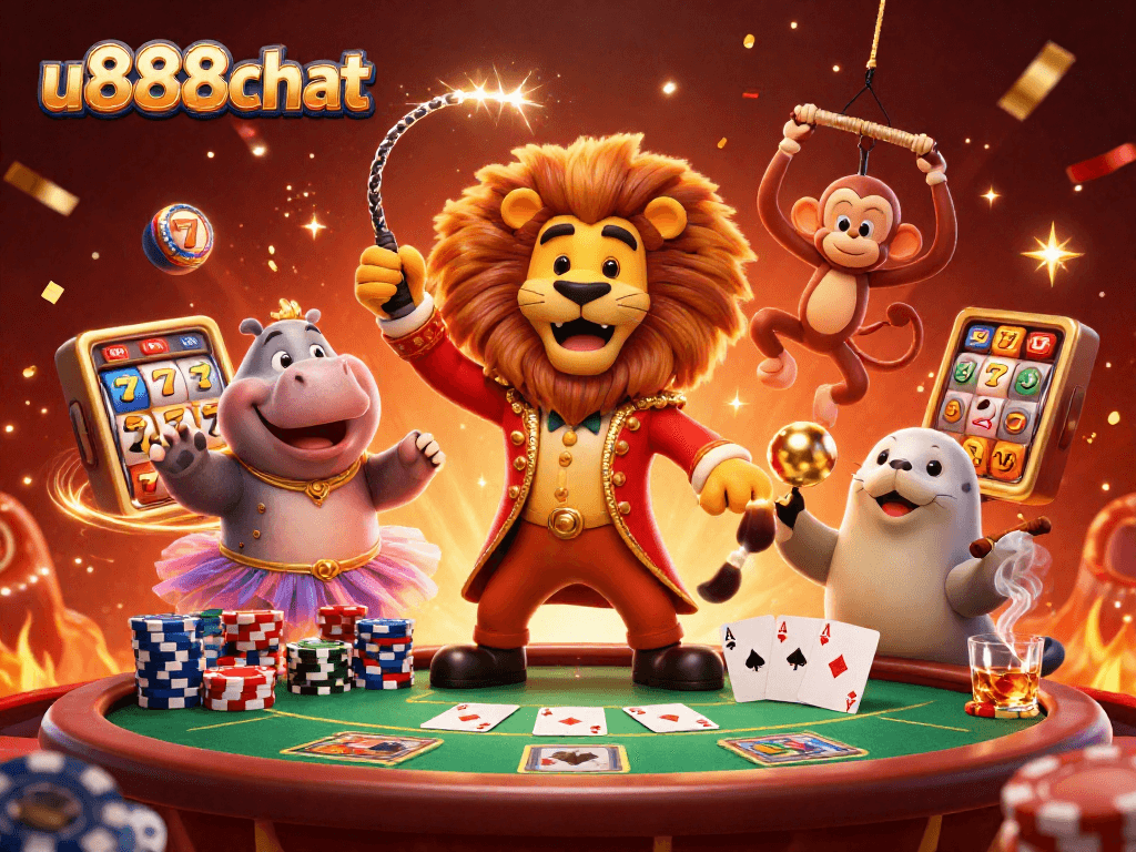 Experience the exciting world of u888chat with this vibrant casino illustration featuring a lion, hippo, monkey, and seal.