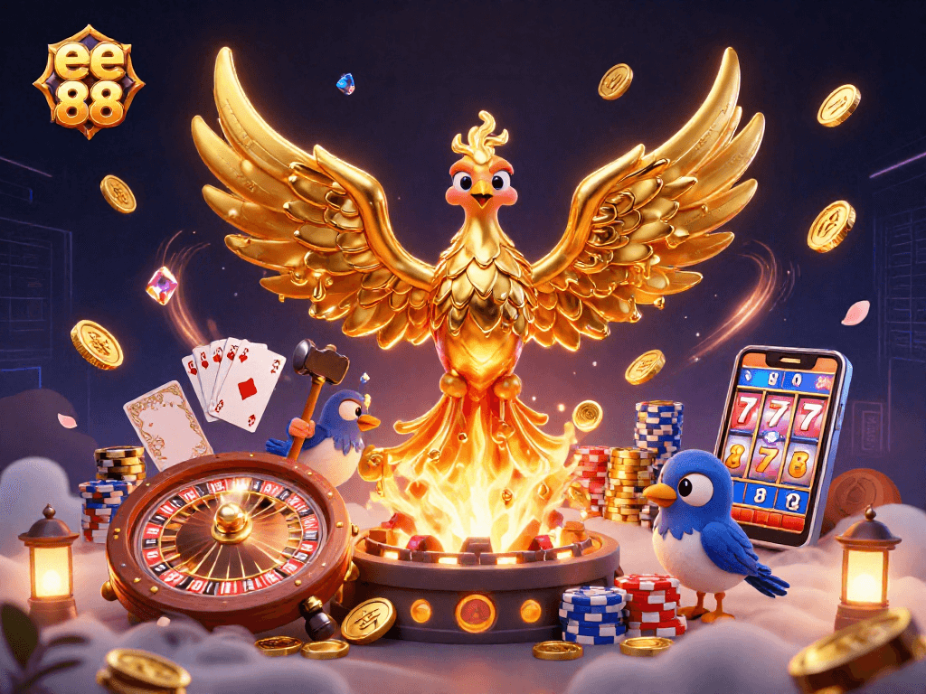 Experience high-stakes play with the vibrant illustration featuring ee 88's golden phoenix and casino elements.