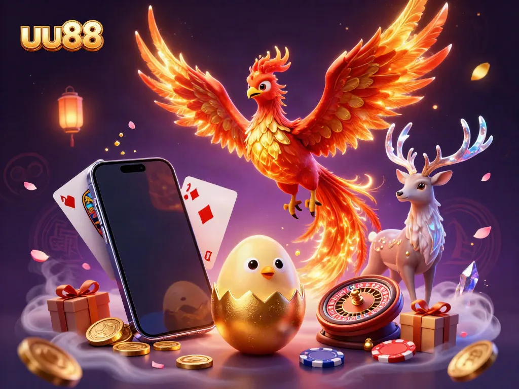 Experience thrilling gameplay at uu88 with dynamic slot games, as a fire phoenix soars amidst treasures.