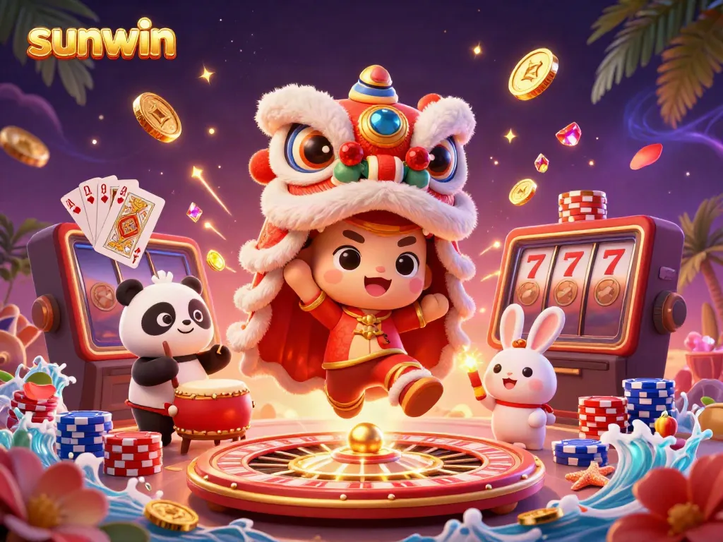 Experience the vibrant fun of sunwin with a lively lion dance illustration filled with golden casino elements.