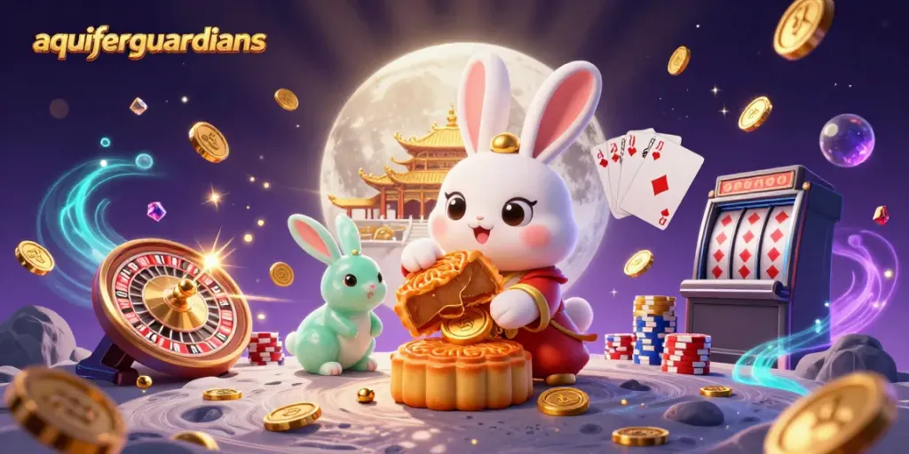 aquiferguardians mempromosikan permainan kasino melalui ilustrasi kucing bulan yang menarik dan elemen permainan yang kaya.