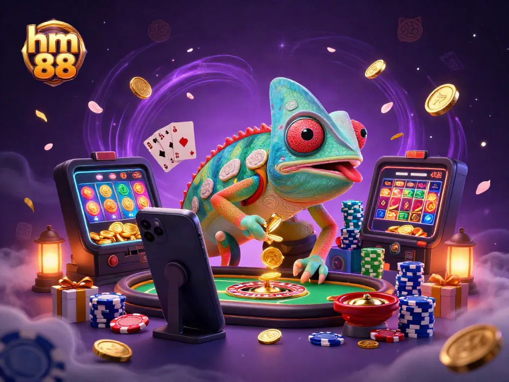 Experience the vibrant world of hm 88 with a dynamic chameleon casino owner capturing golden coins amidst a lively gambling atmosphere.