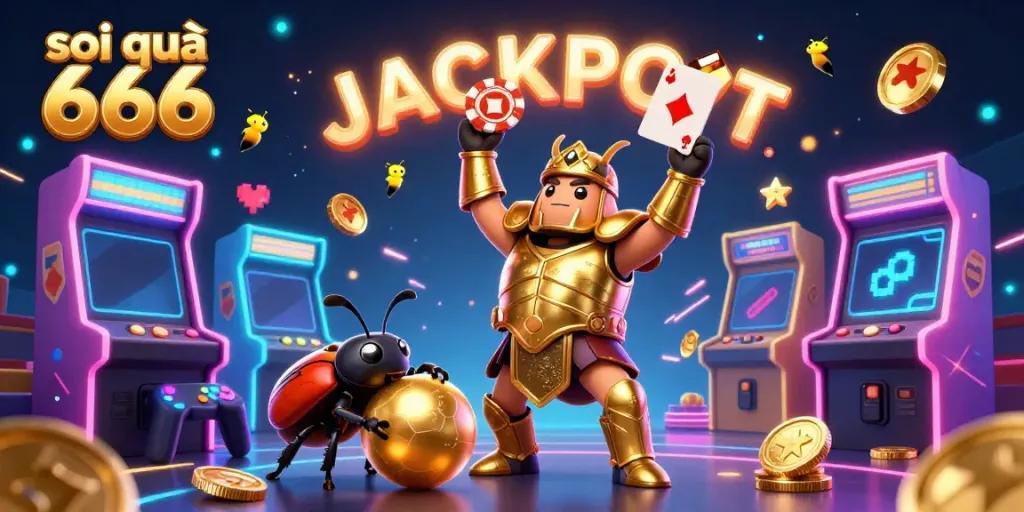Soi cầu 666 beetle hero winning a jackpot with vibrant arcade elements and glowing effects