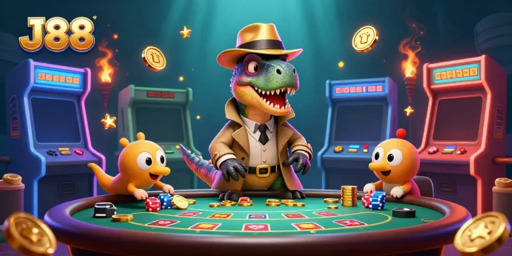 J88 themed cartoon scene with a velociraptor card counter and stegosaurus pit boss at an animated casino table.