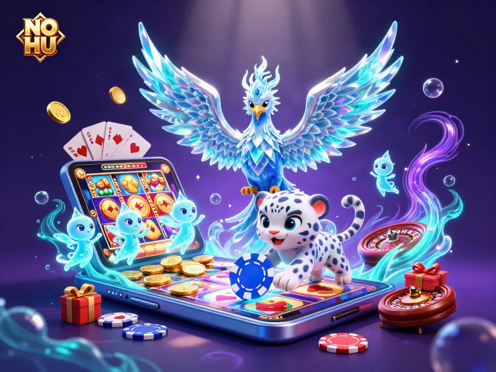 Engage with NO HU slot games featuring a colorful scene with an ice phoenix and playful casino motifs.