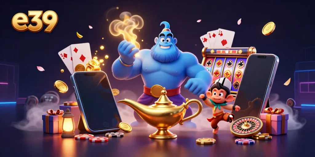 e39 provides an exciting casino experience with vibrant gaming elements in a rich illustration.