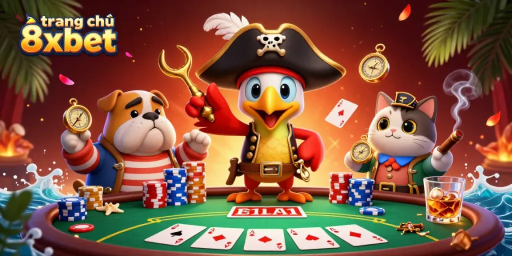Play poker with the captain of the 8xbet site, surrounded by vibrant casino elements and a rich atmosphere.
