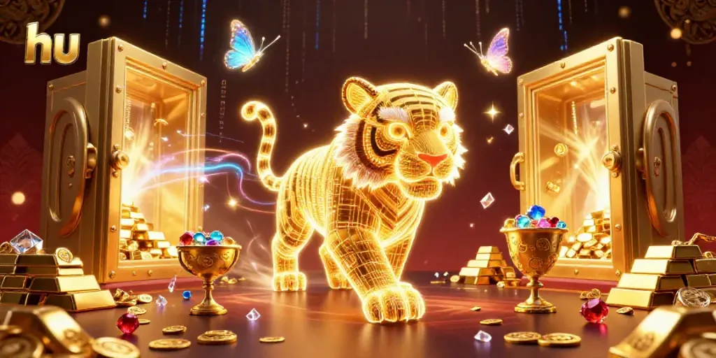 Experience the excitement of hu in a vibrant casino scene with a golden tiger and dazzling treasures.