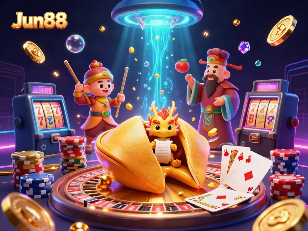 Engage in gaming excitement with Jun88's vibrant casino-themed 3D illustration featuring lucky golden elements and animated characters.