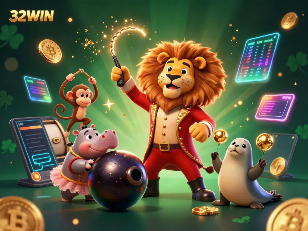 Experience the excitement of 32WIN's gambling with vibrant circus characters amidst digital currency symbols.