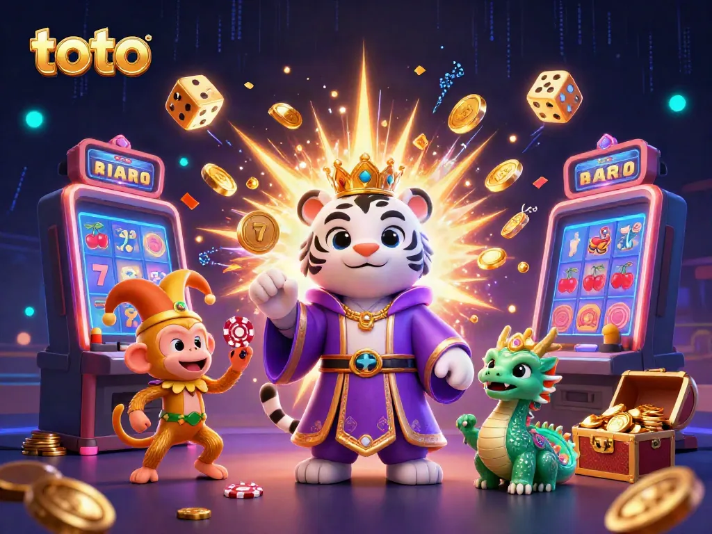 Engage in thrilling toto gaming with colorful symbols and energetic characters in a vibrant casino scene.