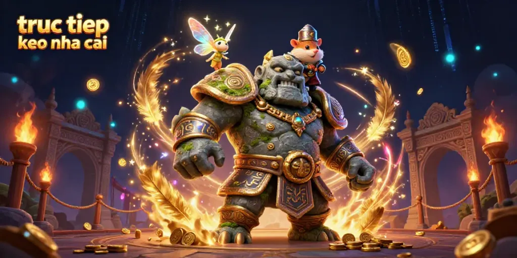 Engage in truc tiep keo nha cai with a magical scene featuring a golem guardian, fairy, and hamster knight