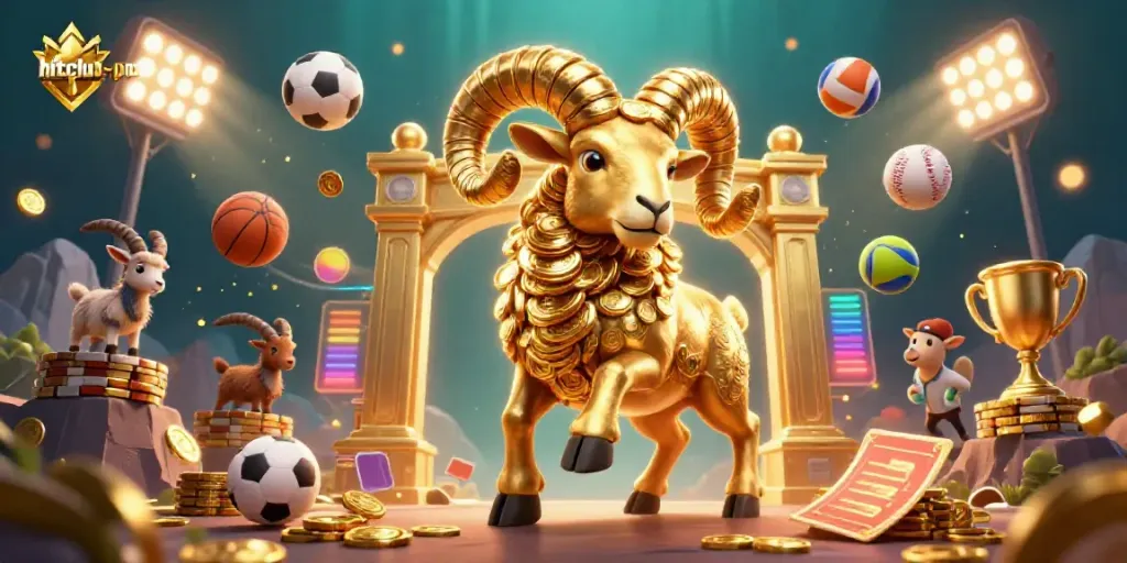Experience the vibrant energy of hitclub-pro with an epic golden ram charging through a lively casino scene.