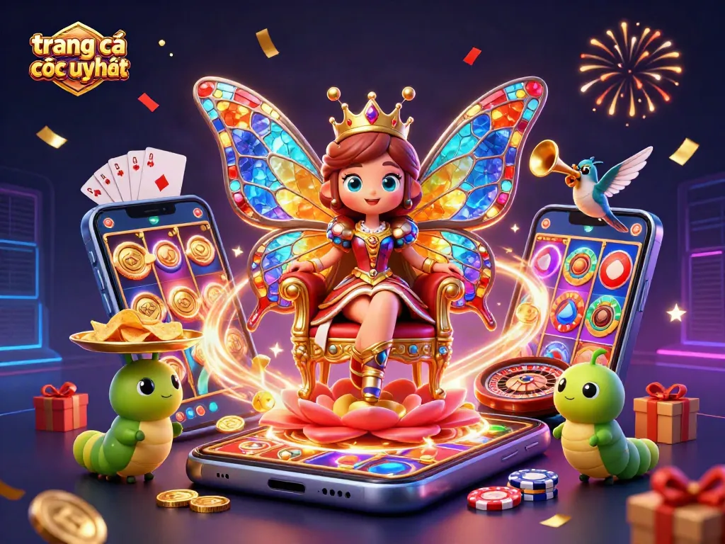 Engage with trang cá cược uy tín in this vibrant 3D casino scene filled with colorful games and cheerful characters.