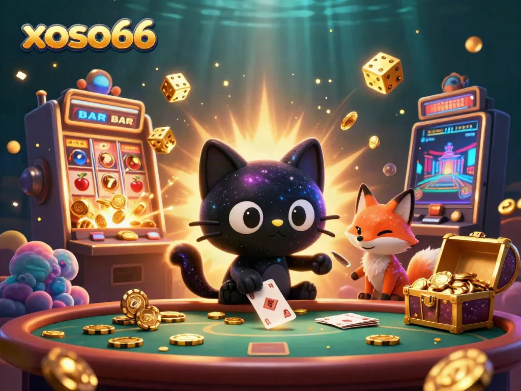 Experience the excitement of xoso66 with a dynamic cosmic casino scene featuring a black hole cat and golden game elements.