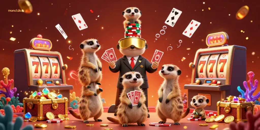 Engaging scene of meerkats managing a lively casino, showcasing manclubs in action amid vibrant gaming elements.