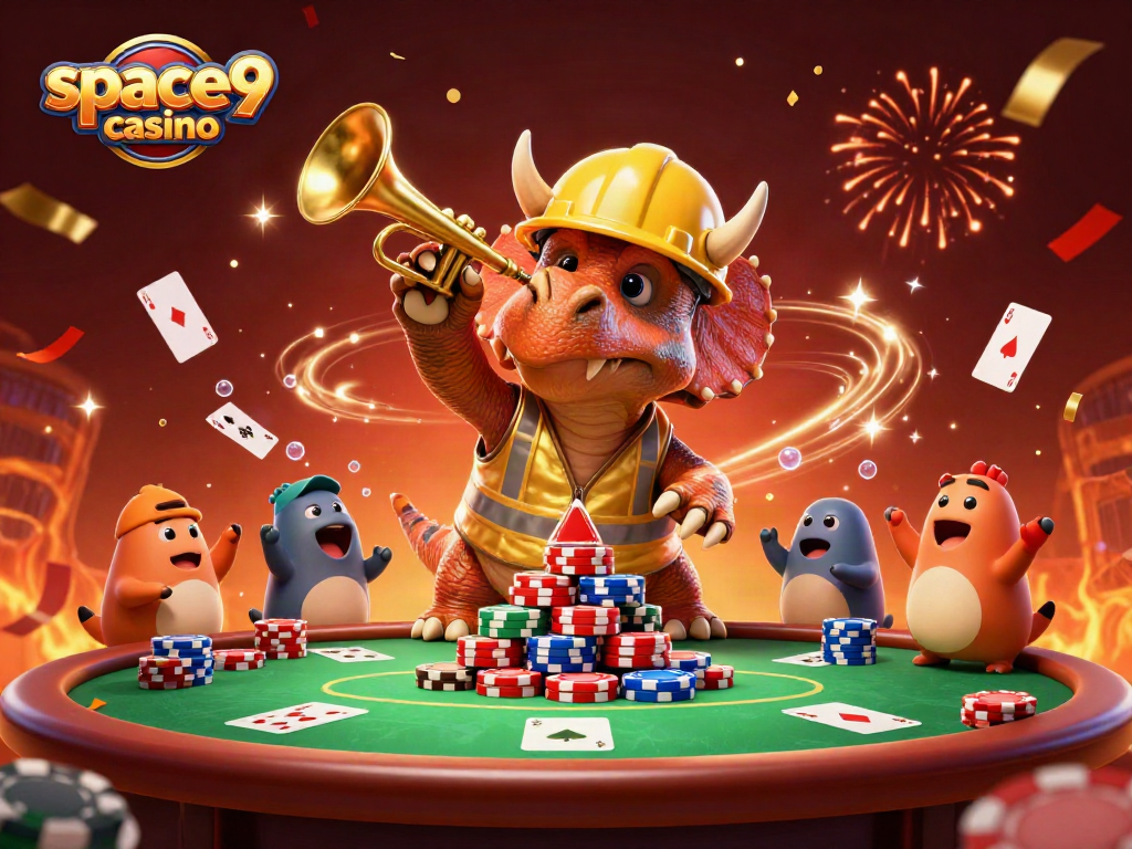 Join the excitement at space9 casino with a dynamic poker scene featuring fun characters and vibrant game elements.