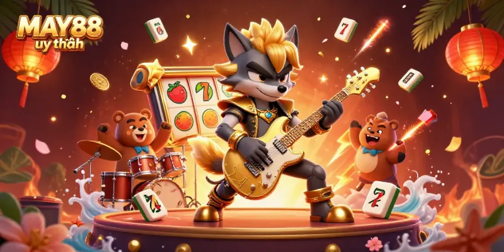 Witness the excitement of MAY88 uy tín with a vibrant casino scene featuring a rock star wolf and drummer bear.
