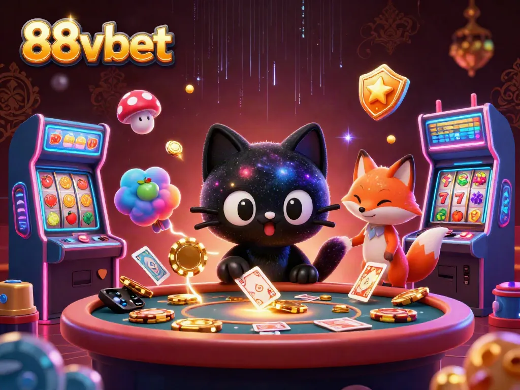 Engage with the cosmic charm of 88vbet as the black hole cat pulls in casino chips and cards.