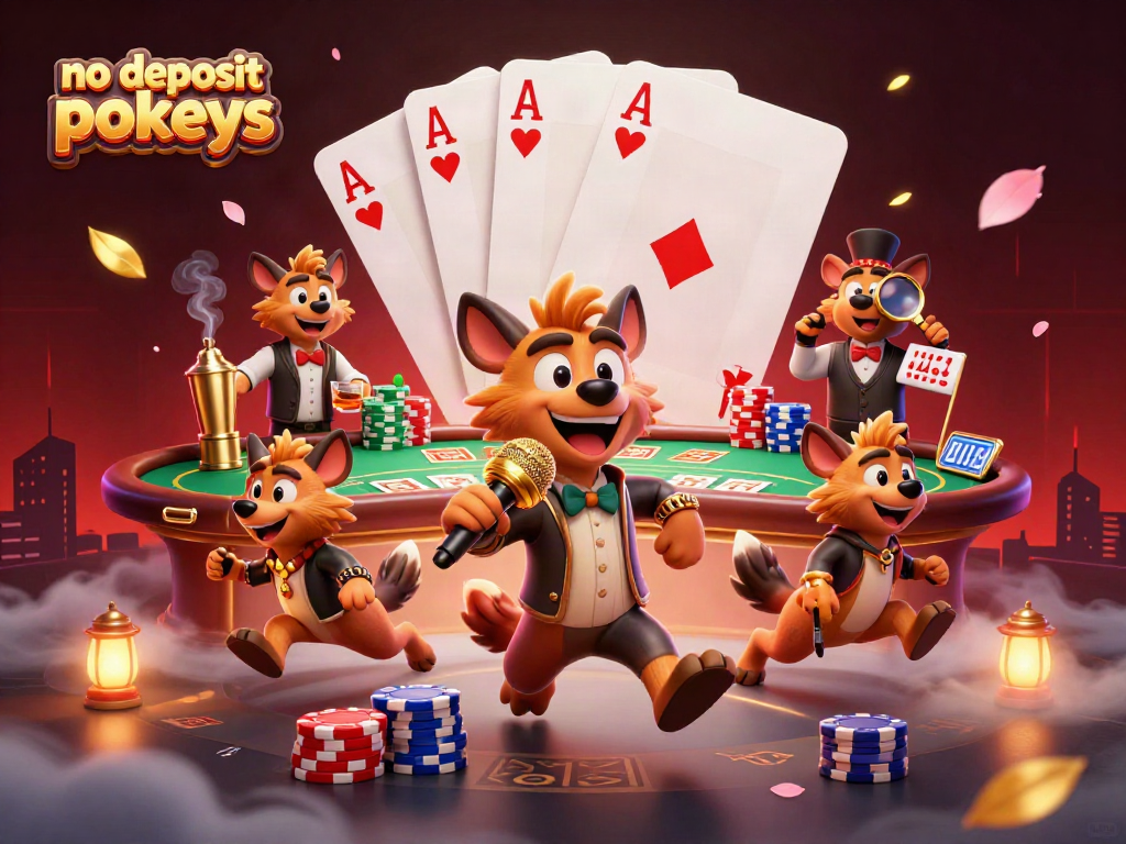 Engage with no deposit pokies in a vibrant 3D casino scene featuring animated hyenas.