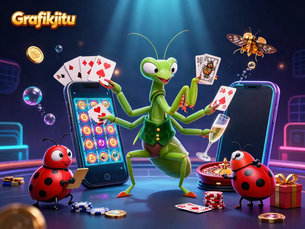 Grafikjitu showcase with a giant praying mantis card sharp and a ladybug pit boss in a vibrant casino scene.