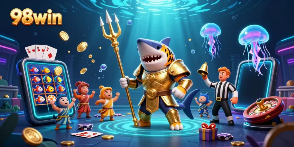 Experience thrilling gaming with 98win's vibrant underwater scene featuring a tiger shark, lively gameplay, and shimmering prizes.
