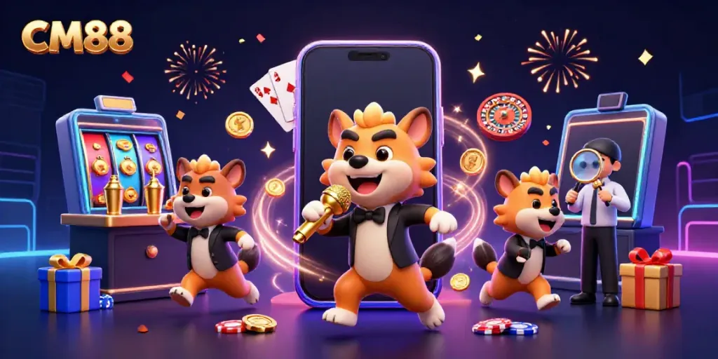 CM88 hyenas entertain in a vibrant casino scene with slot games and fun elements.