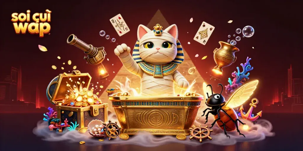 Soi cầu wap reveals thrilling lottery predictions with energetic mummy and scarab in a dynamic casino scene.