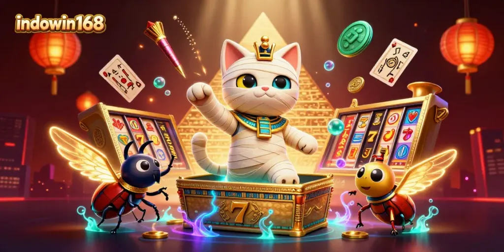 Experience the thrilling ambiance of indowin168 with a 3D cartoon mummy cat and casino elements.