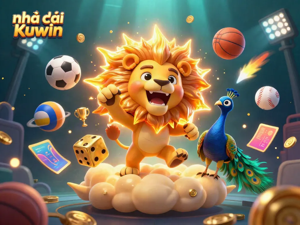 Experience the excitement at Nhà cái Kuwin with a vibrant 3D casino portrayal featuring colorful characters, sports balls, and gambling elements.